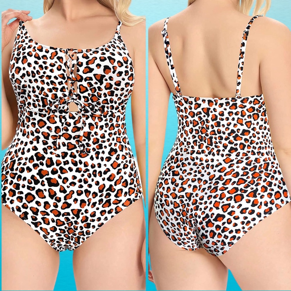 Shekini Lace Up Leopard Animal One Piece Swimsuit PLUS SIZE 1X Rockabilly Retro